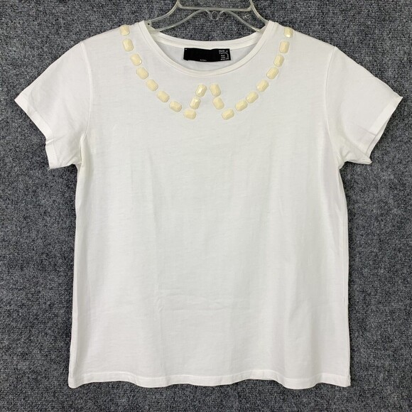 Zara TRF Short Sleeve Tee Top Women Small Embellished Neckline - Picture 1 of 7
